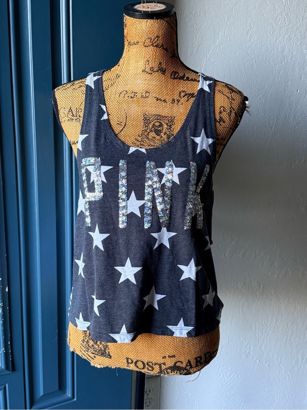 PINK Victoria's Secret Black Star-Print Sequin Logo Tank